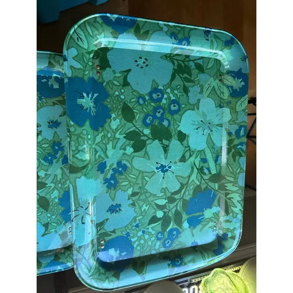 VTG 1960’S-70’S Metal Floral Design TV Tray Table blue green MCM